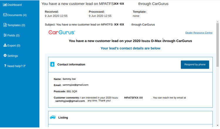 This is an example of a typical email received from CarGurus.com