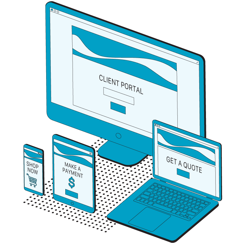 An illustration of a group of digital devices that show text such as 'client portal,' 'get a quote,' and 'make a payment.'