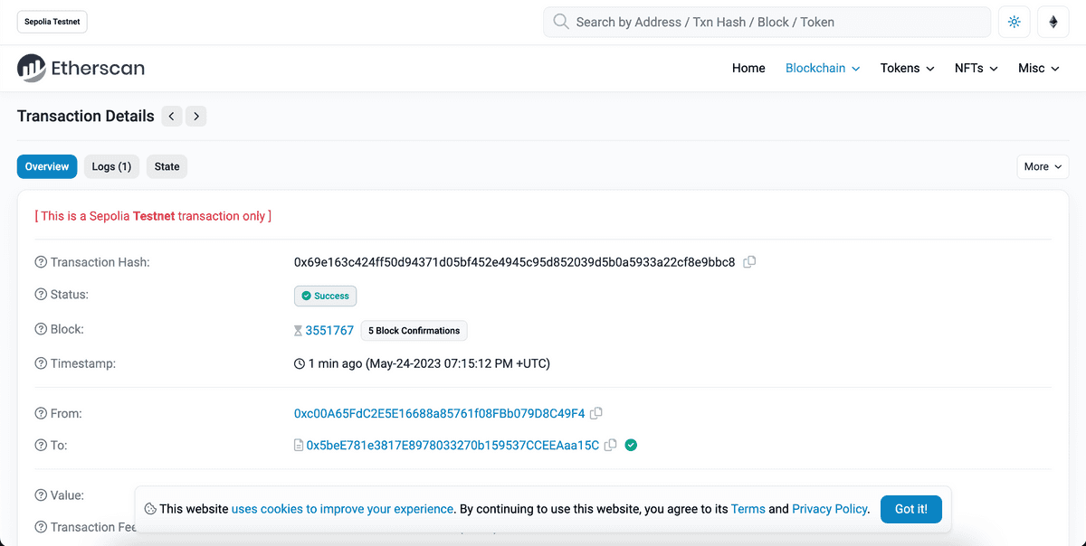 View your NFT transaction hash on Etherscan