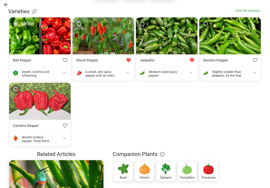 Screenshot of the varieties section on the new plant details page.