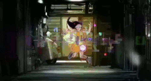 An anime gif from the movie 'Short Peace' of a girl floating in the air and glitching out of existence.