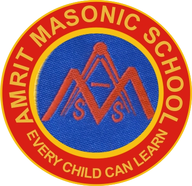 logo of AMSS; yellow coloured Freemasons logo and text on blue background and red outline