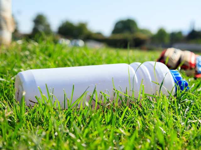 A water bottle left on the football field