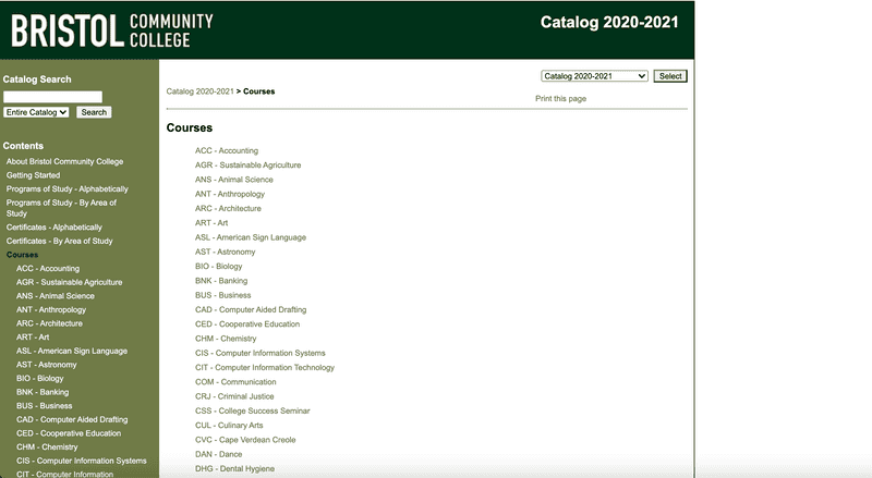 Bristol's old course catalog site