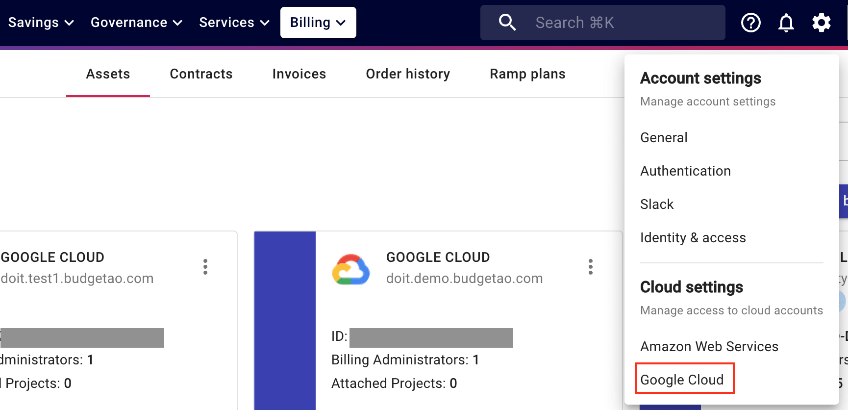 A screenshot showing the Google Cloud settings menu item