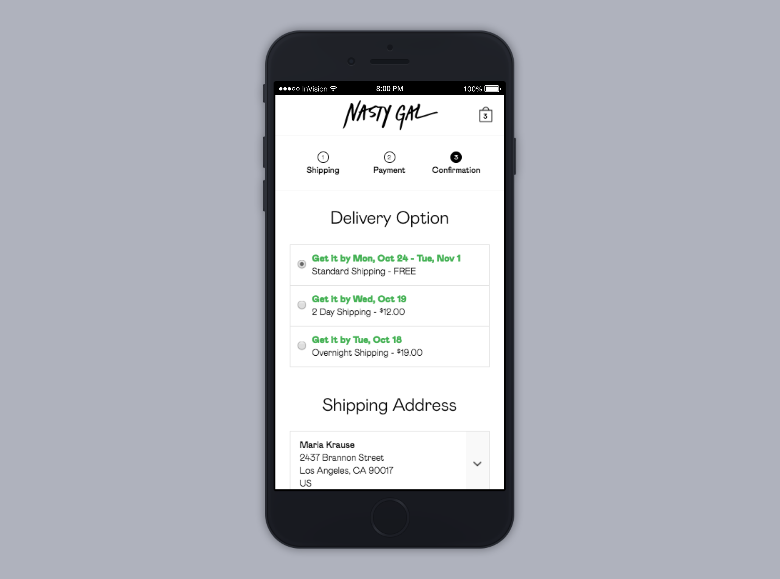 Confirmation screen of checkout on mobile.