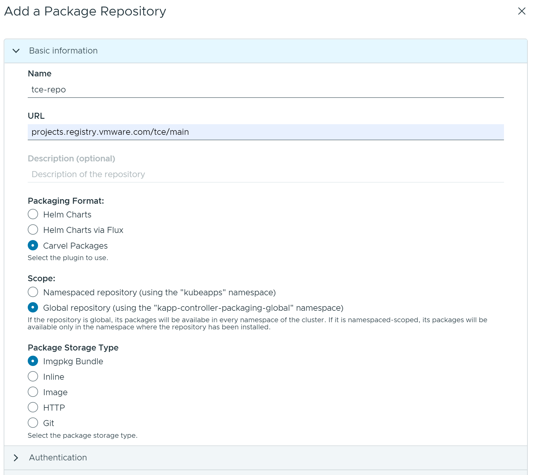 Add Package repository pop-up