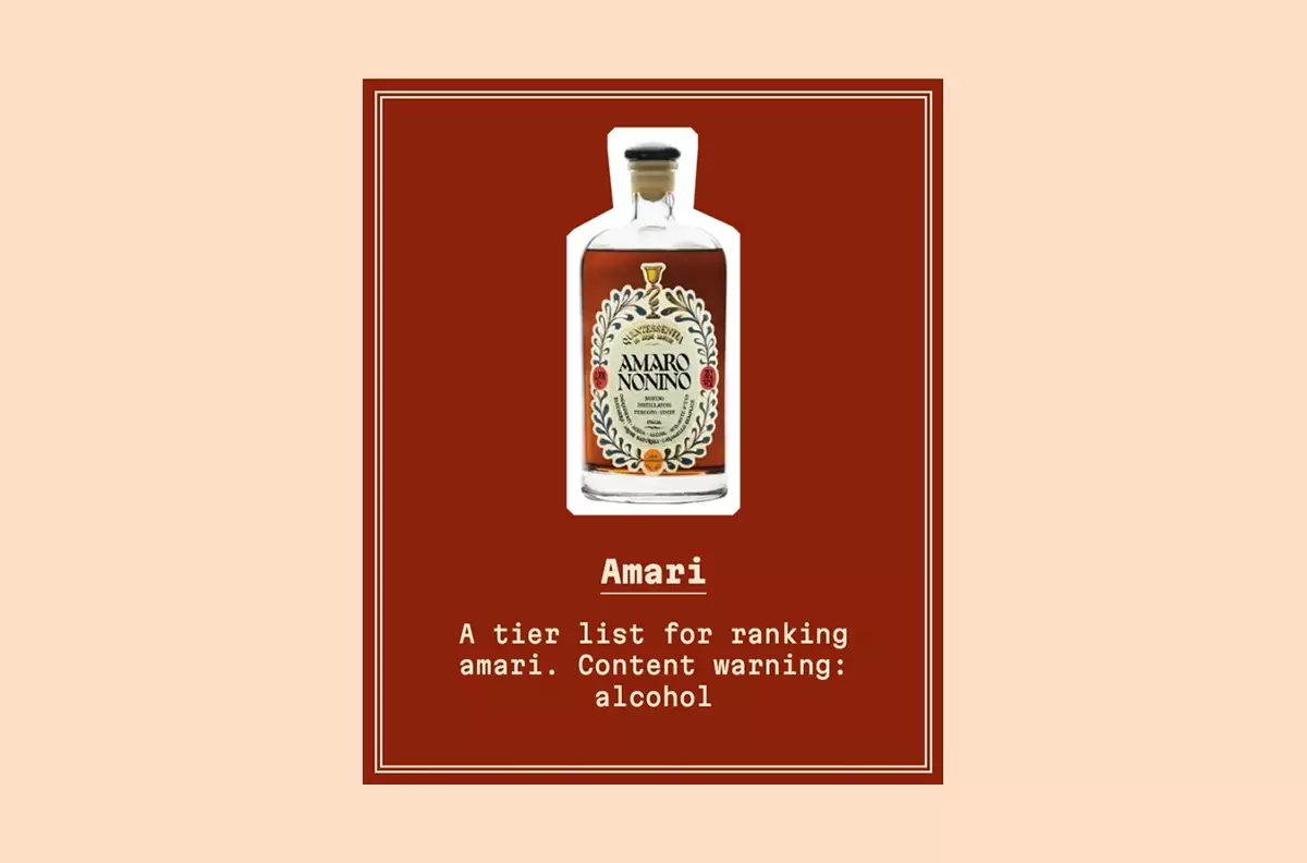 A card advertising a tier list of Amari. There is a roughly cut-out bottle of Amaro Nonino on the card.