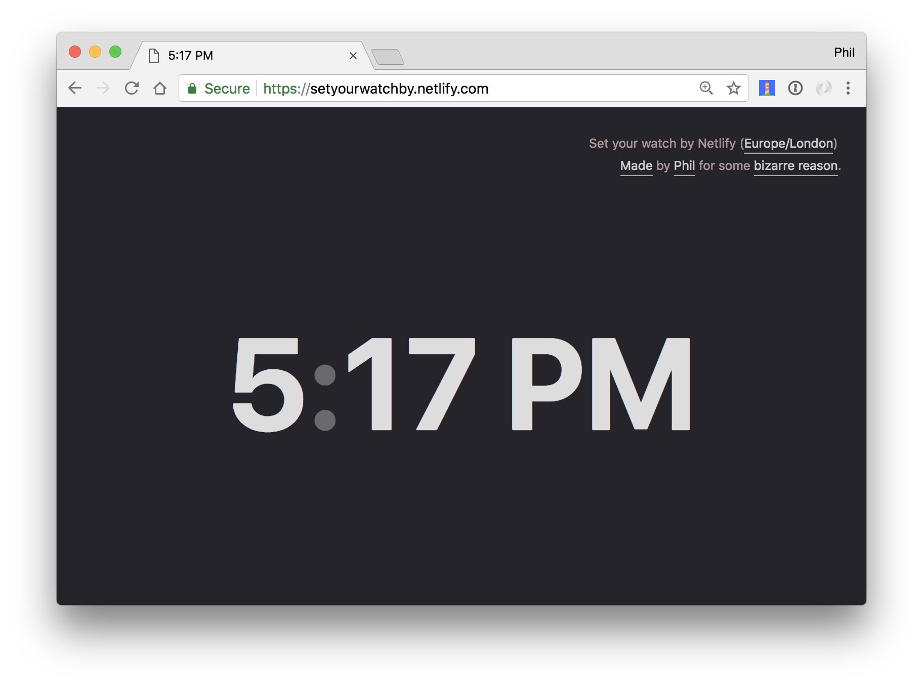 Screenshot of setyourwatchby.netlify.com showing the time 5:17pm