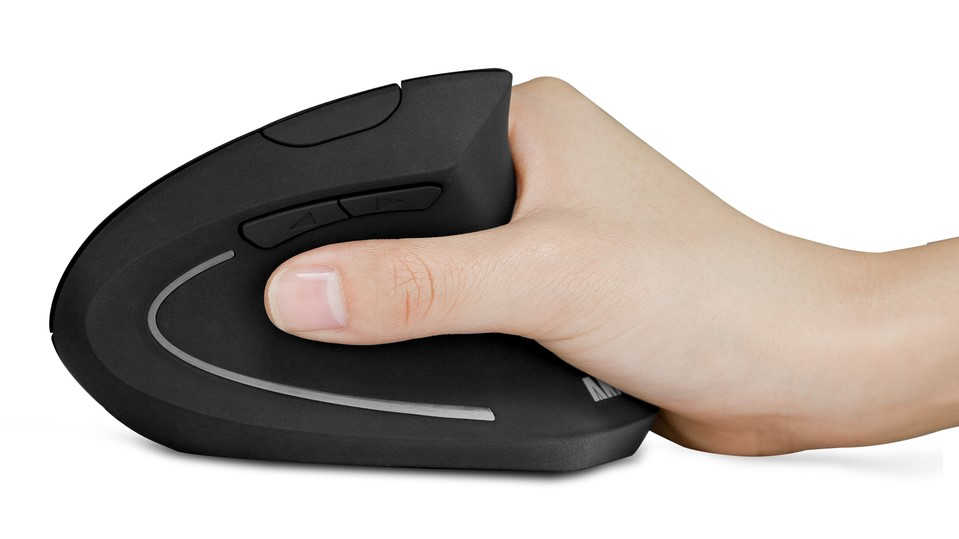 Hand holding an Anker vertical mouse