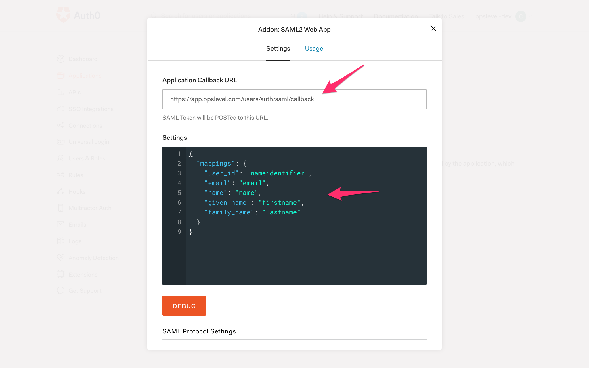 Completed Auth0 SAML2 Settings form
