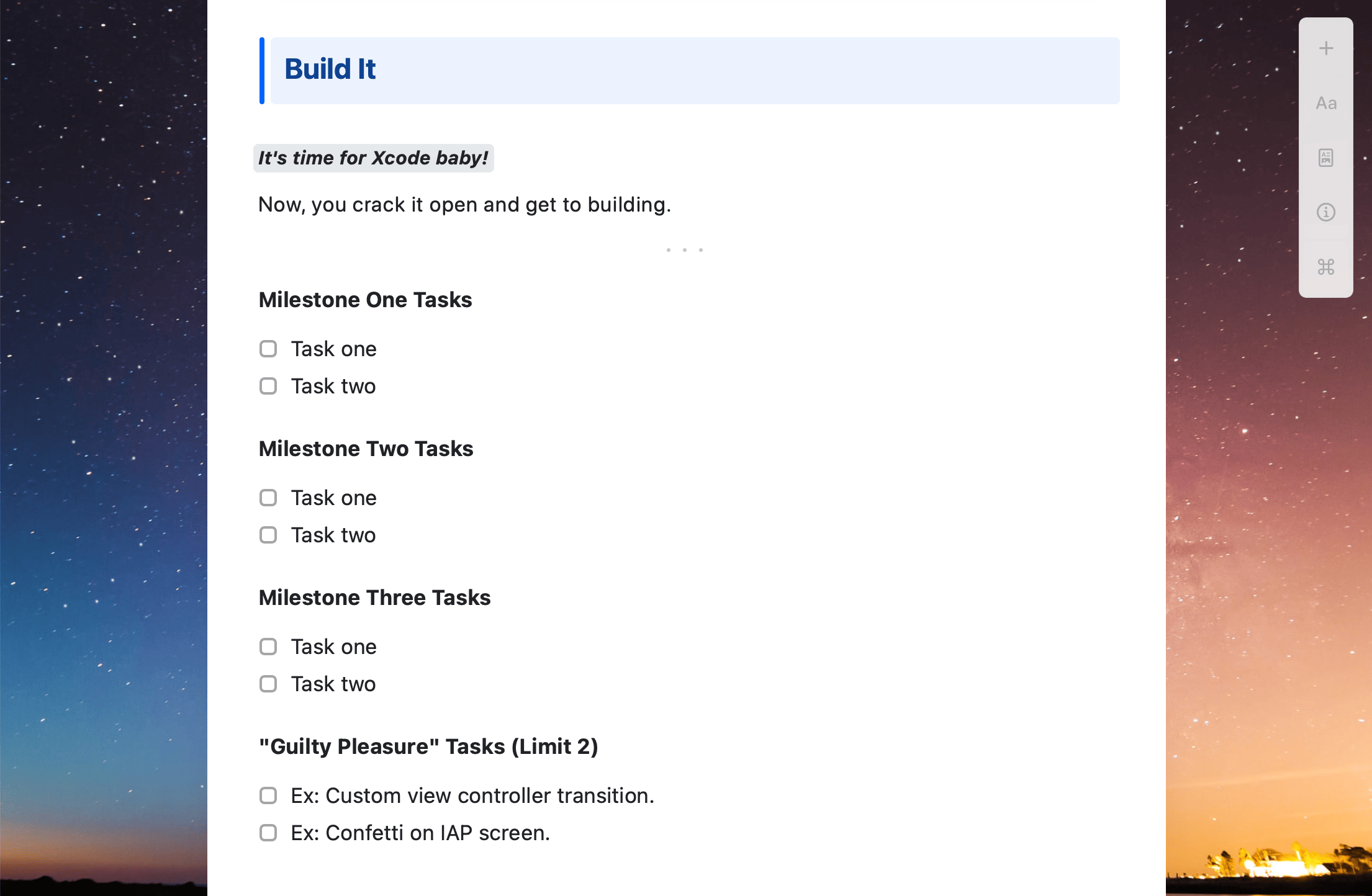 Craft Docs template showing a guide to building iOS apps.