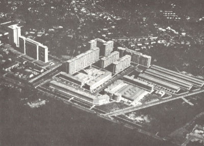 A black and white aerial photo of the first sixteen HDB blocks in Punggol.