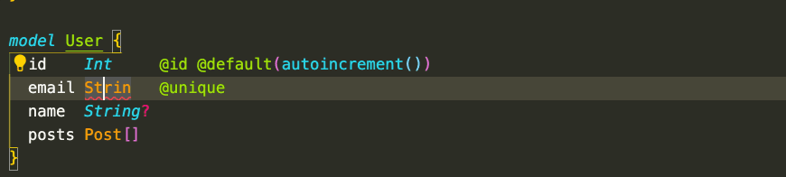 Linting shows inline errors in the schema, and autocompletion assists in defining the correct type