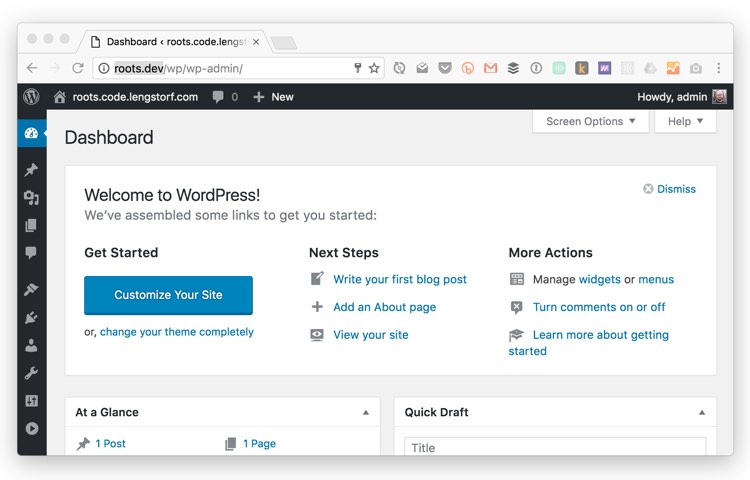 The WordPress dashboard after logging in.