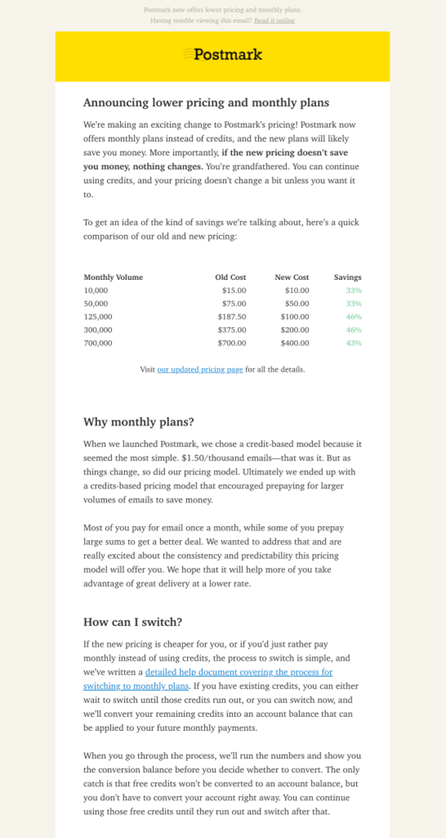 SaaS Pricing Update Emails: Screenshot of pricing update email from Postmark