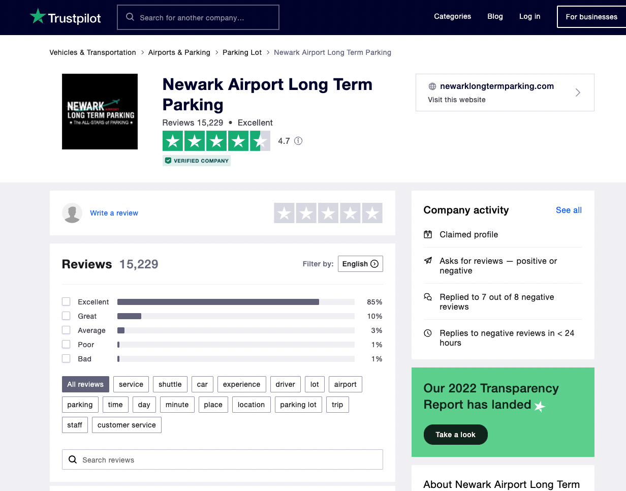 Newark Airport long term parking overall review page with rating and keywords