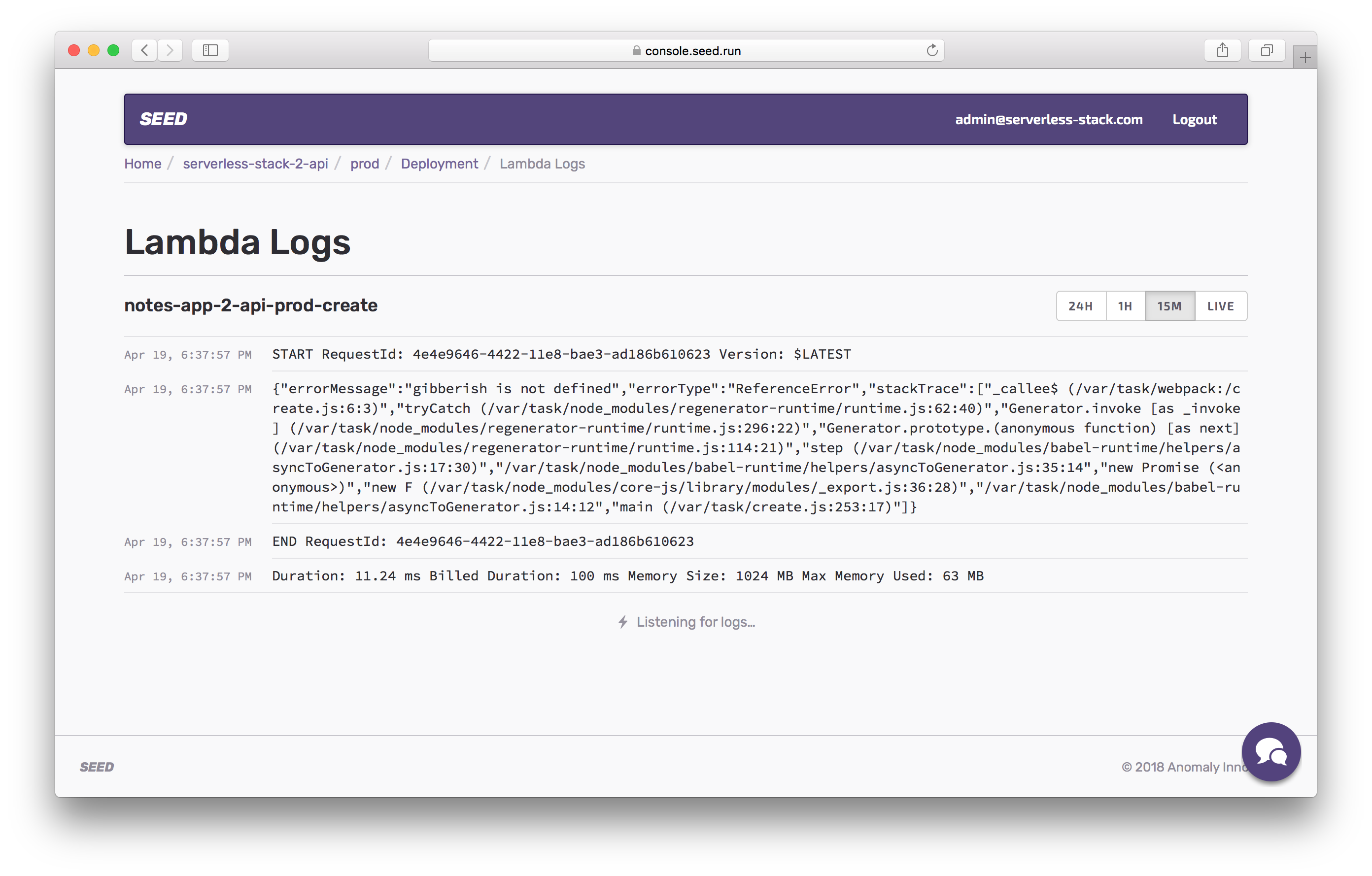 View lambda logs in prod screenshot