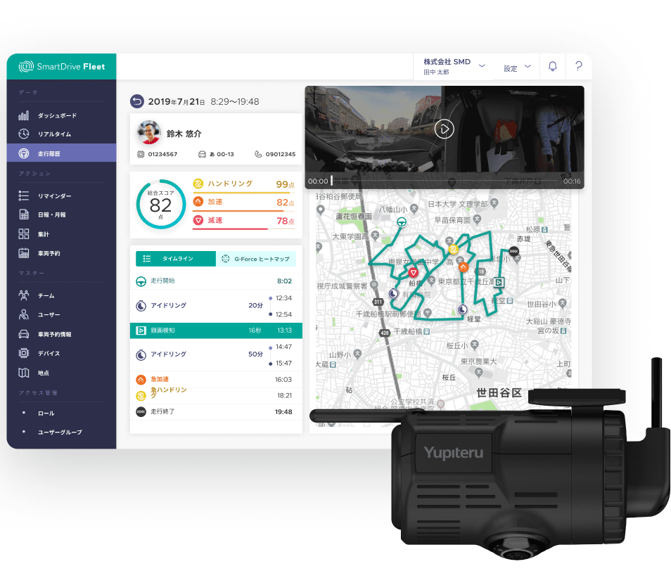 SmartDrive Fleetの画面スクリーンショットとドライブレコーダー写真