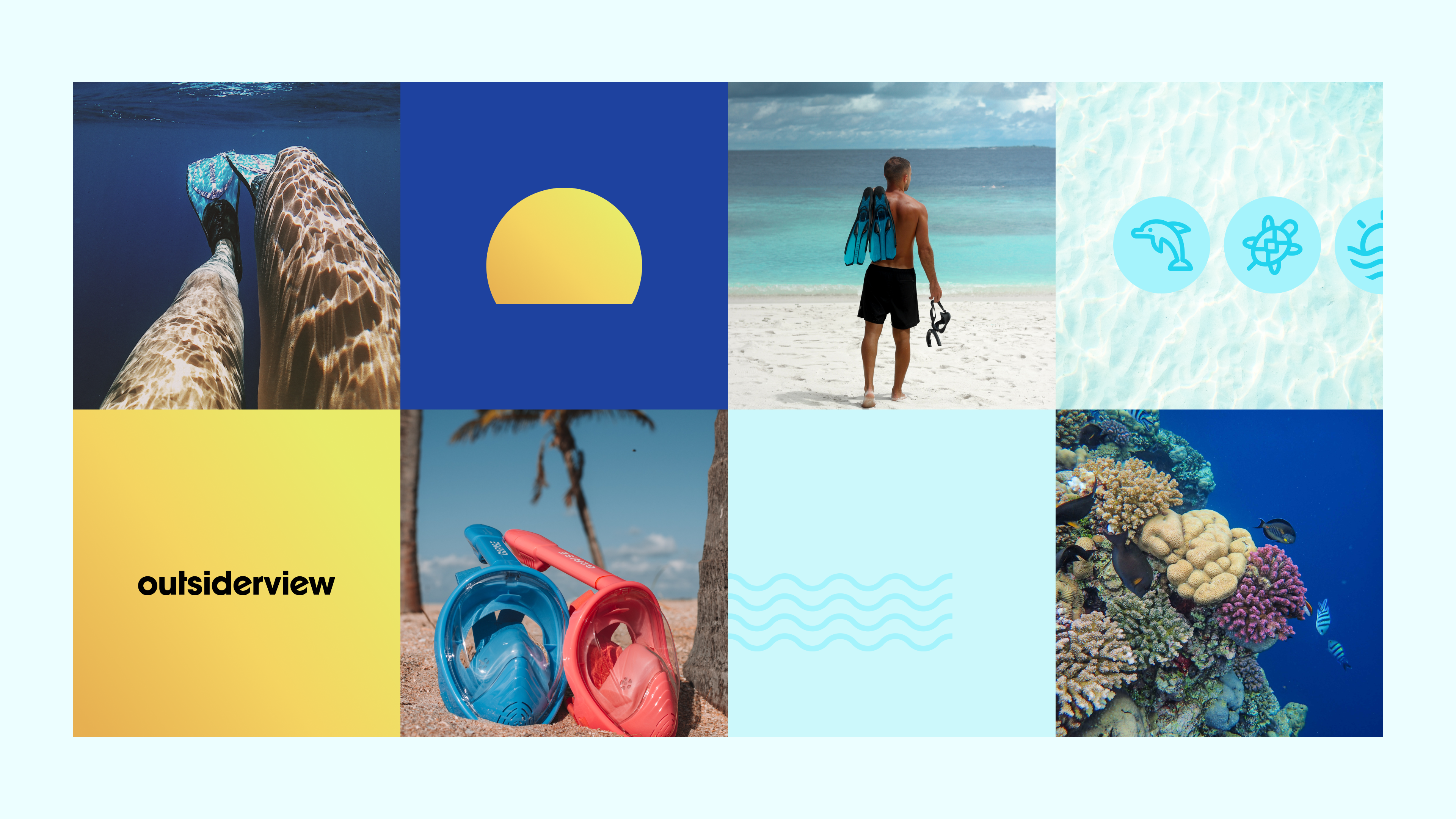 A grid of curated lifestyle photos and key visuals showing off the fun and sporty OutsiderView visual identity system.