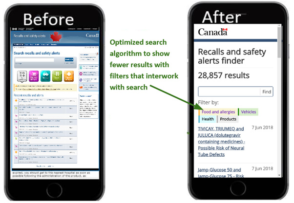 Image of two phones showing the search page, labelled 'Before' and 'After'.
