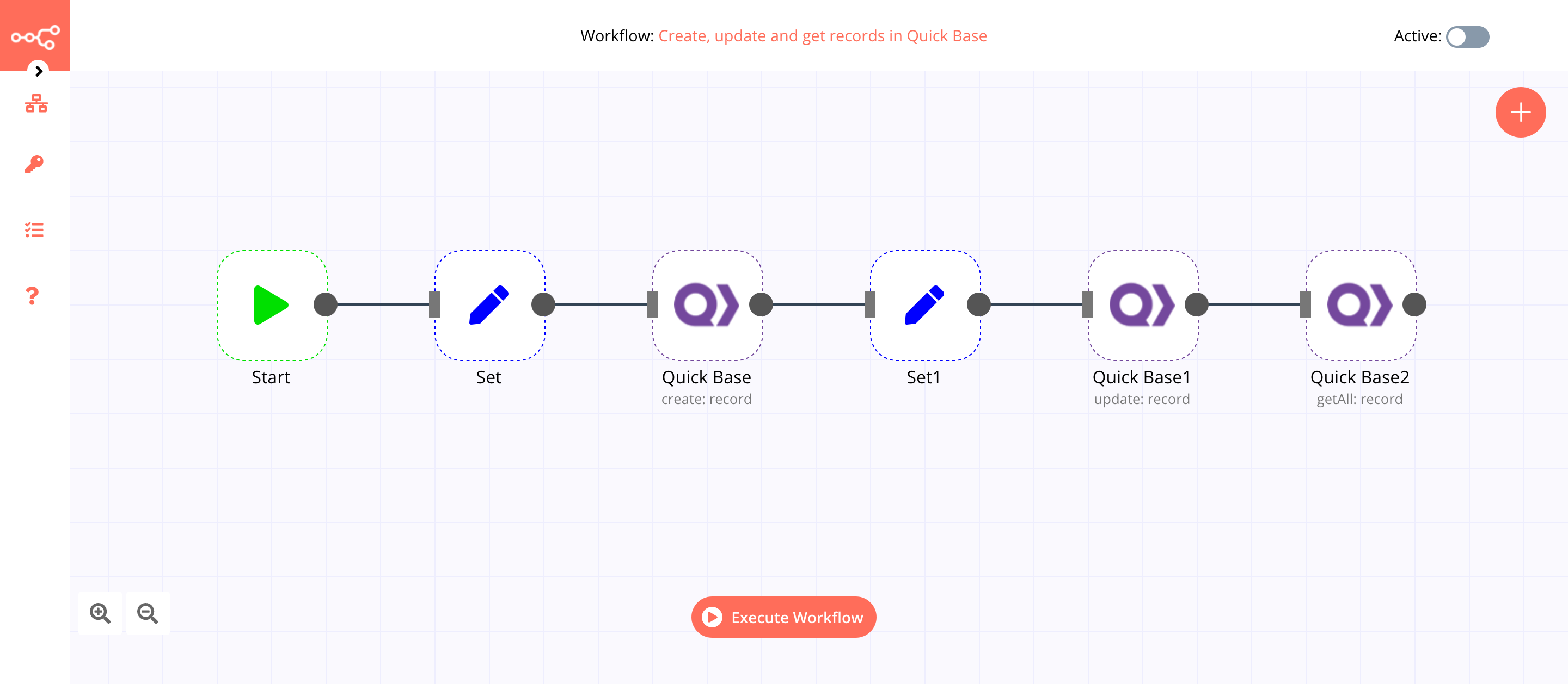 A workflow with the Quick Base node