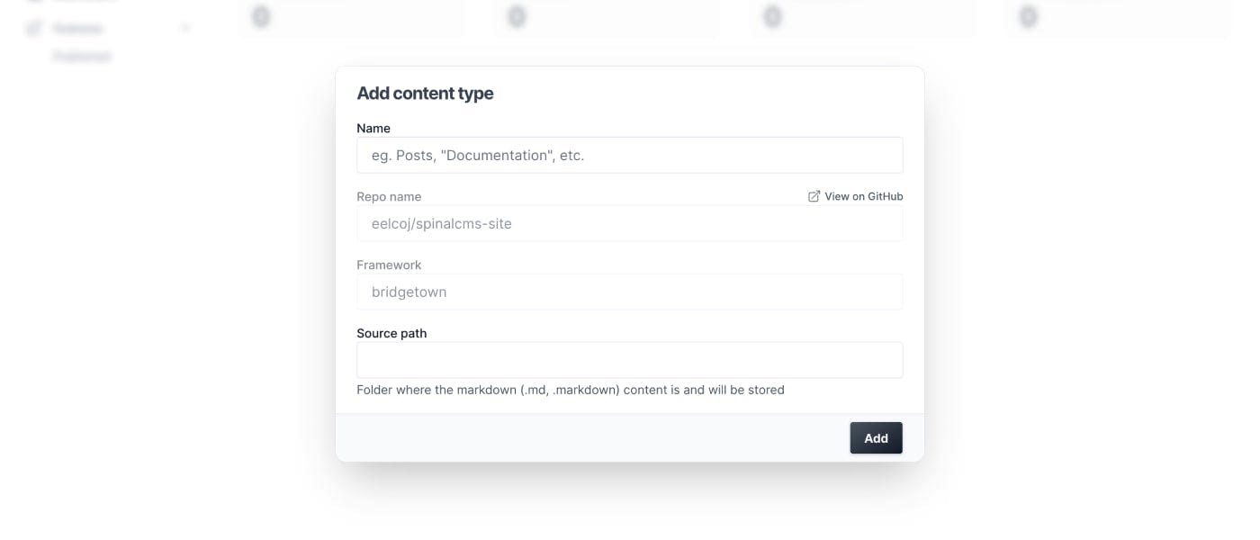 Screen of the modal to add a content type