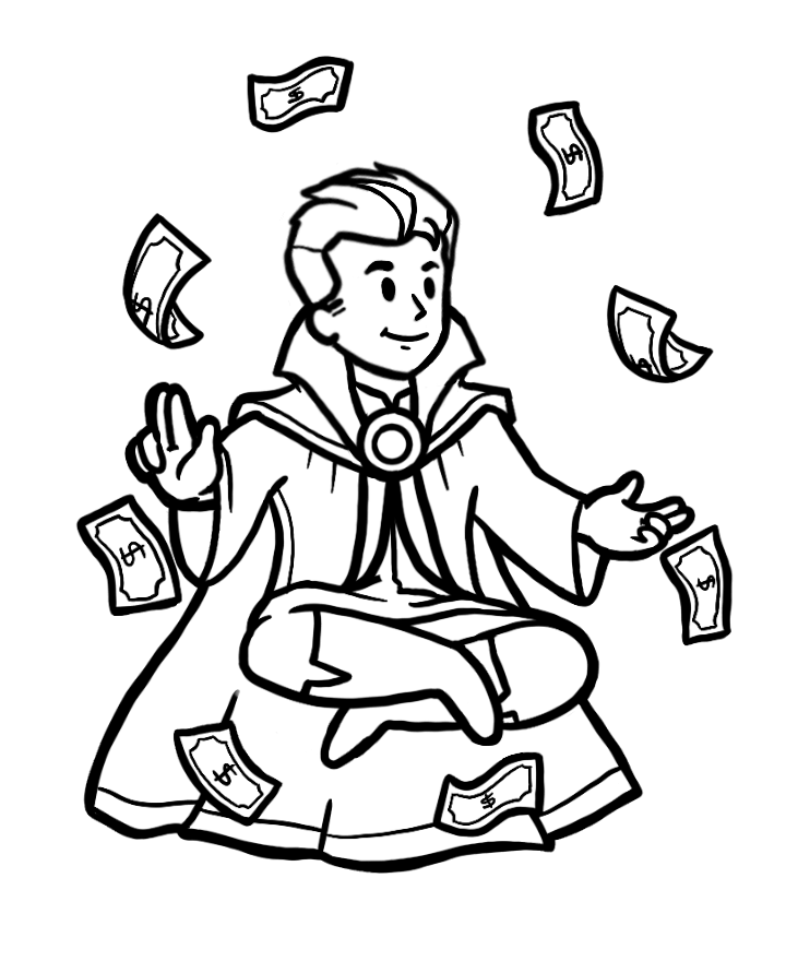 Male avatar sitting down with money floating in front.