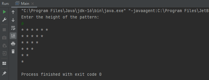 Java example program to print a reverse half pyramid pattern