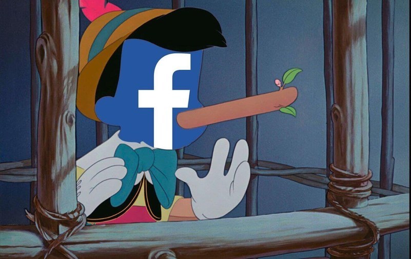 O pinóquio com o nariz crescido e o rosto substituído pelo logotipo do Facebook