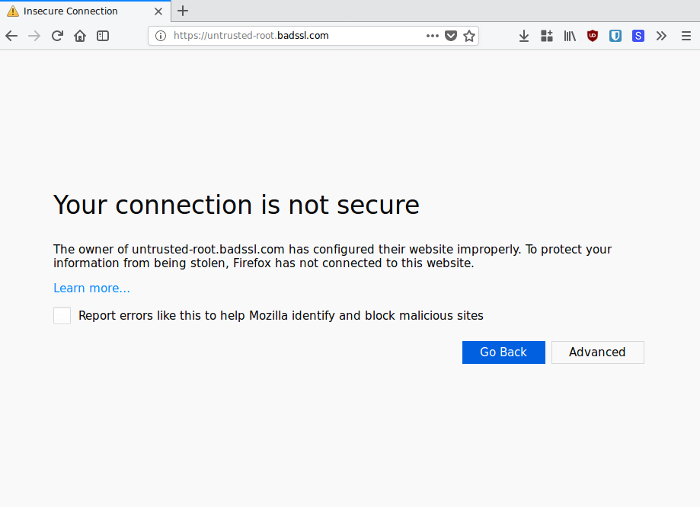 Firefox shows an error when the server returns a certificate that is not signed by a trusted CA