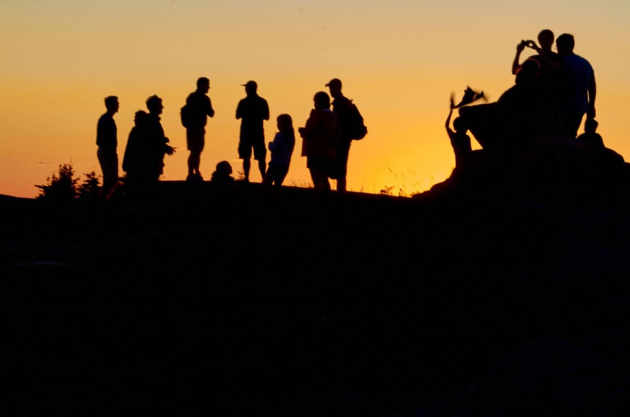 silhouette of people looking at sunset