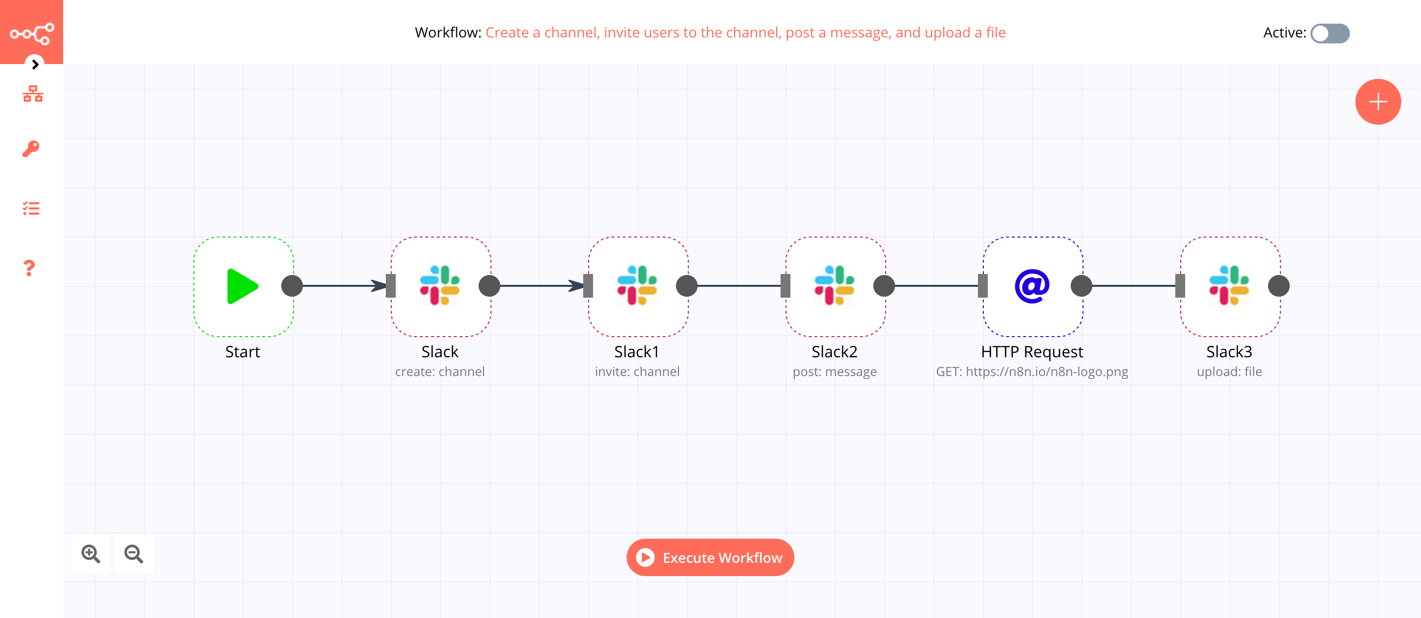 A workflow with the Slack node