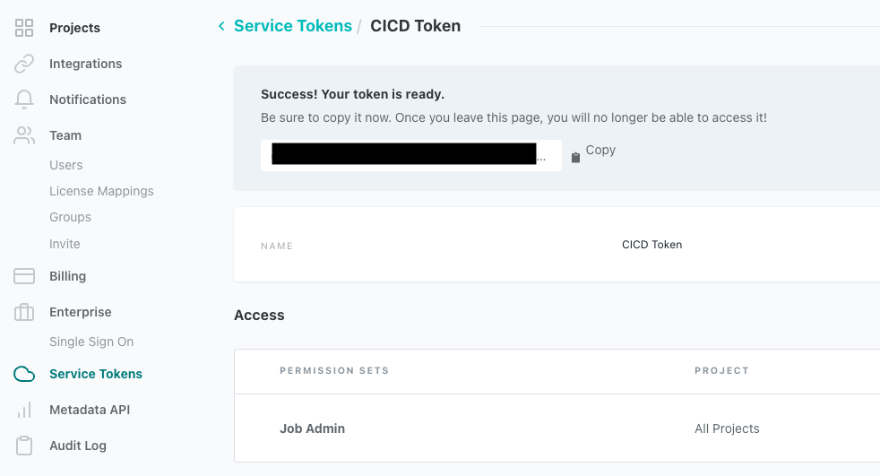 View of the dbt Cloud page where service tokens are created