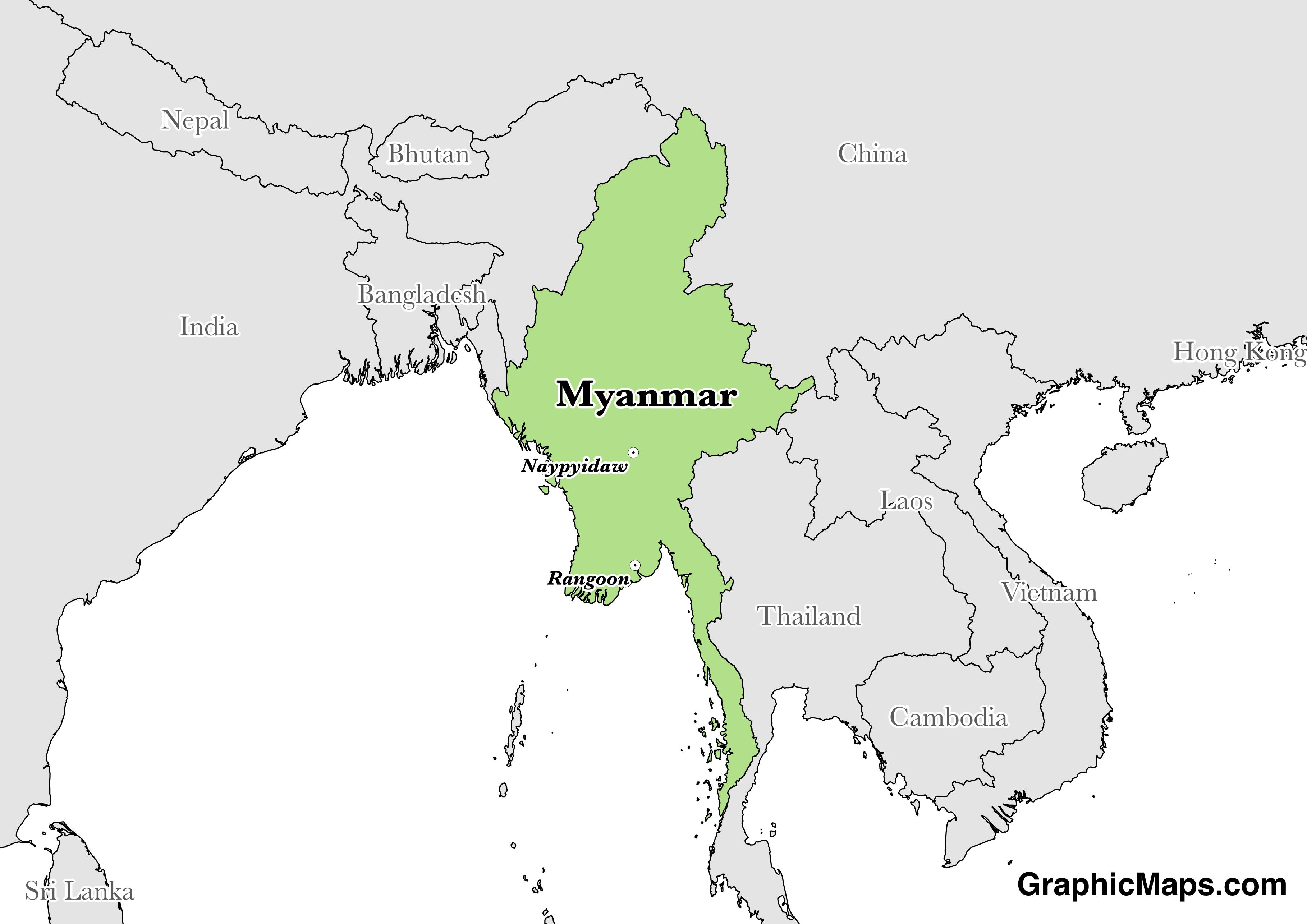 Map showing the location of Myanmar