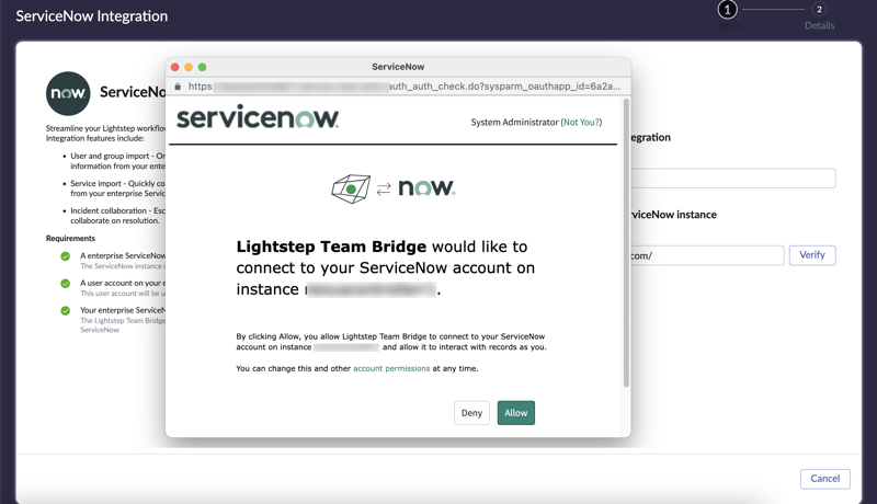 ServiceNow connection verification page.