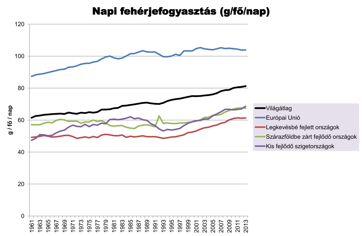 3. ábra: A különböző fejlettségű országcsoportok egy főre eső napi átlagos fehérjefogyasztása (g/fő/nap) alakulása 1961-2013 között