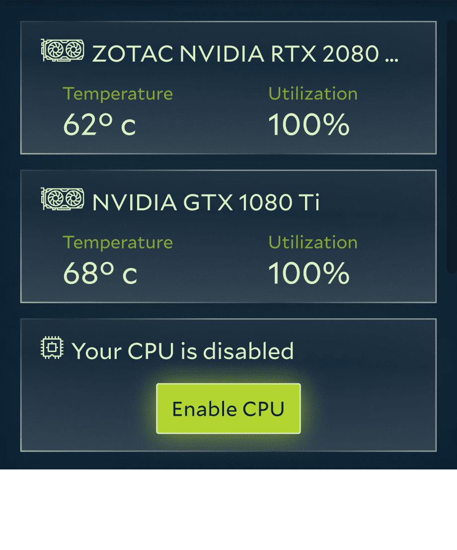 App screen showing 2 GPUs and 1 CPU