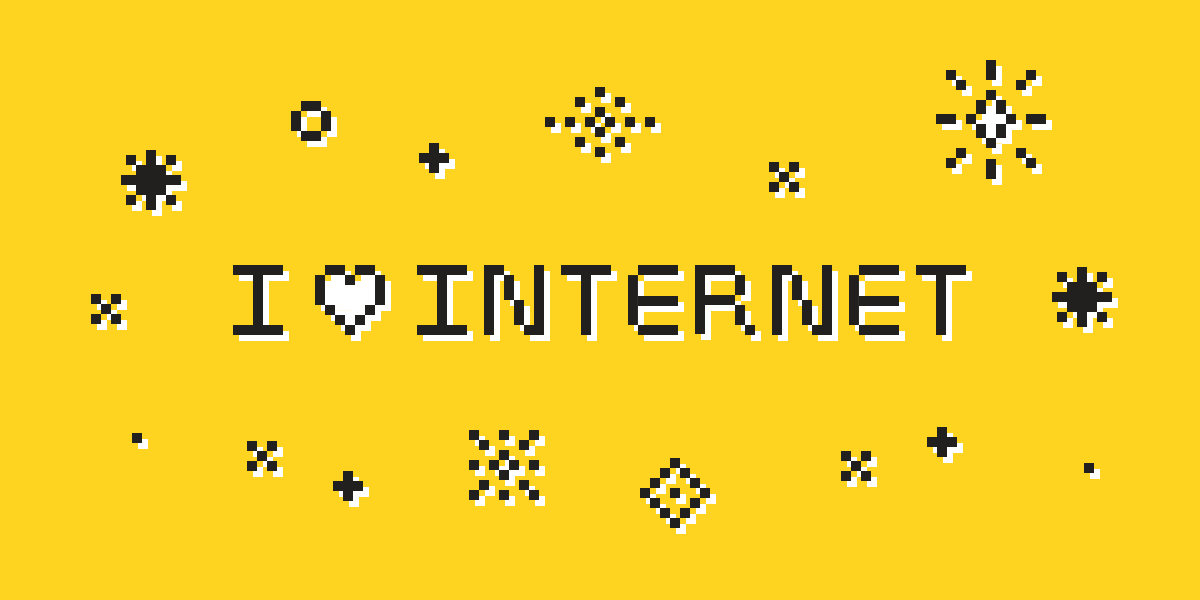 I love the internet, rendered in pixel art with floating sparkles
