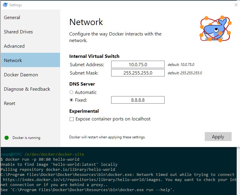 Docker for Windows DNS settings dialog