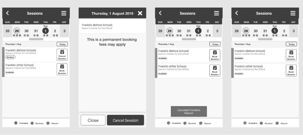 Black and White app prototypes of the booking calendar