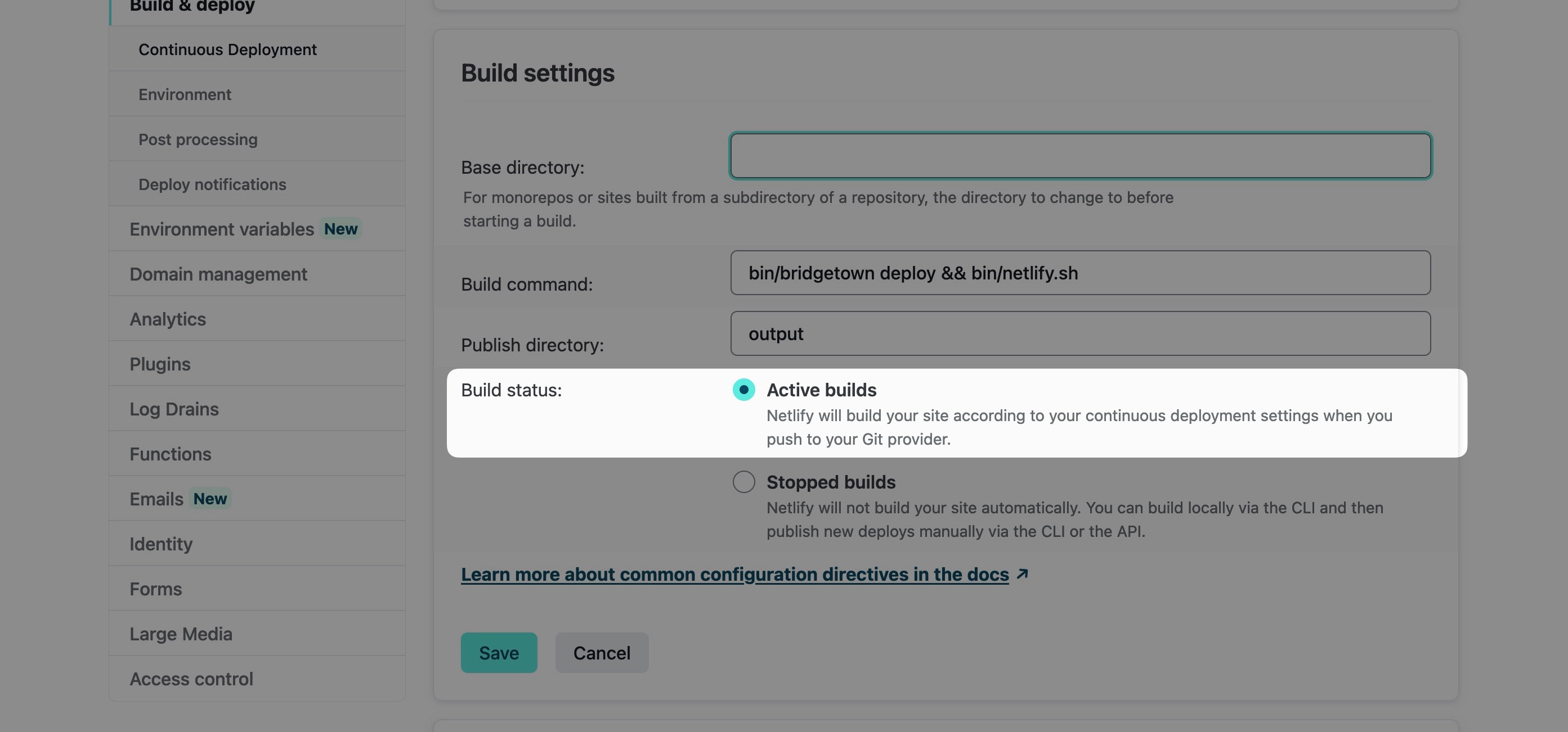 Screenshot of the Netlify dashboard showing active build
