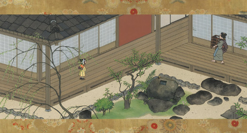An anime screenshot of a traditional Japanese household in ukiyo-e view. From the film 'Short Peace'.