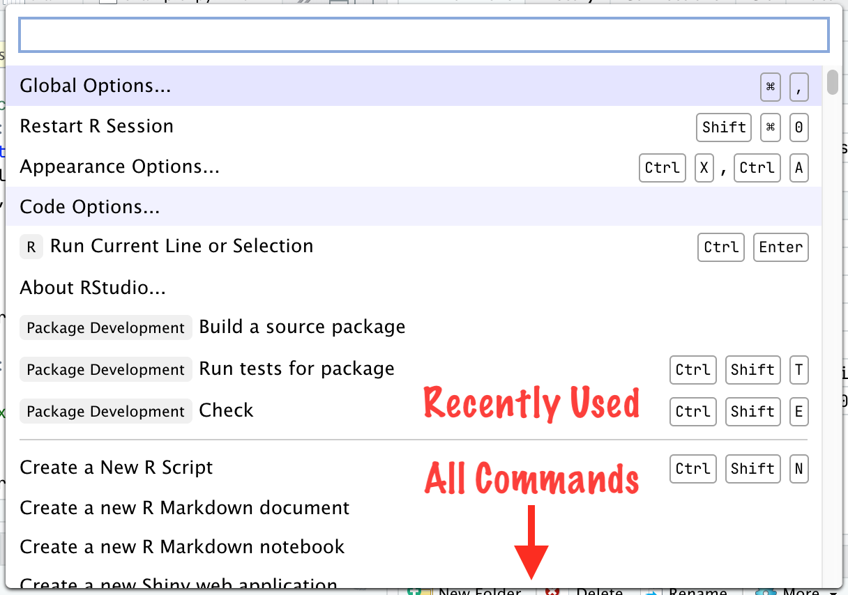 Screenshot of RStudio's command palette showing a list of recently used commands