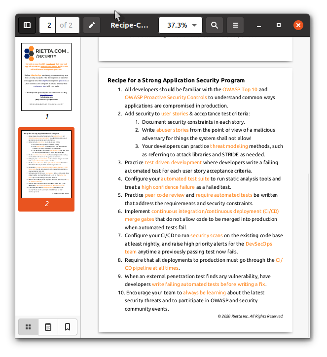 Preview of PDF entitled Recipe Card for Strong Appsec Program by Frank Rietta