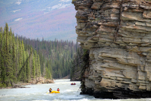 Pyramid Mountain in the background of a raft at the Mile 5 put-in location