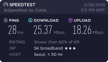 speedtest.net 테스트 결과. 다운로드 약 25Mbps