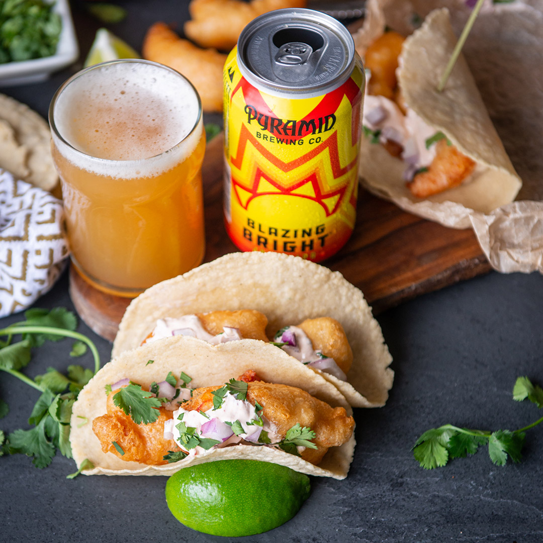 Battered Shrimp Tacos with Chipotle Sour Cream served with Blazing Bright IPA