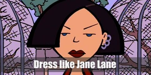 Jane Lane has short black hair, several ear-piercings. Also she wears a red jacket over a black v-top with a white collar, black shorts and leggings, and black boots.