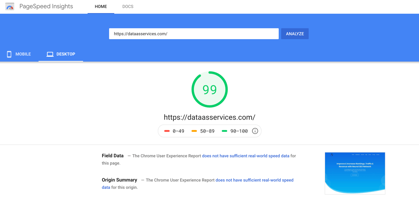 page speed insights data as services